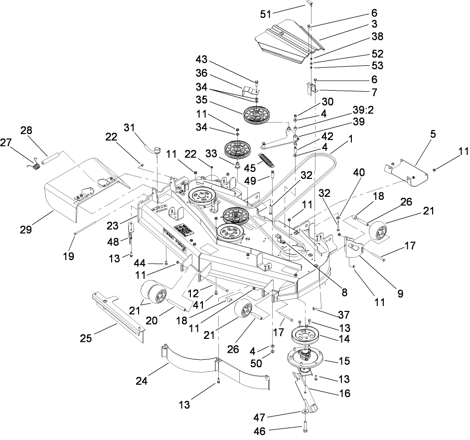 Deck Assembly Diagram and Parts List for 74264TE (280000001-280999999)(2008) Toro Lawn Mower