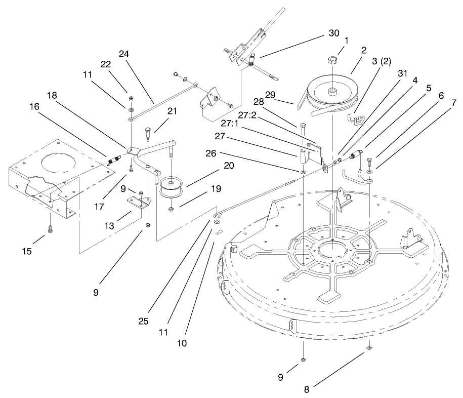 32" Deck Blade Drive & Braking Components Assembly Diagram and Parts List for 71199 9900001 - 9999999 Toro Lawn Tractor