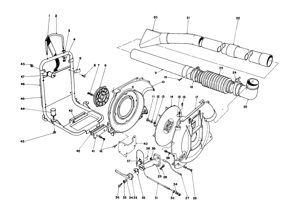 Back Pack And Blower Housing Assembly Diagram and Parts List for 30940 4000001 - 4999999 Toro Leaf Blower / Vacuum