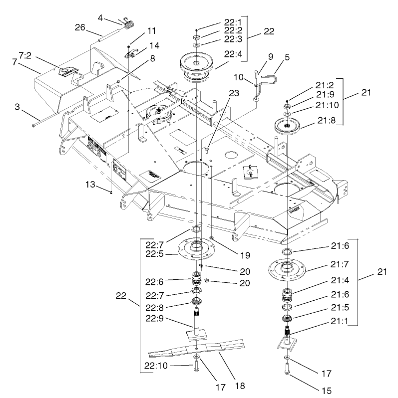 Deck, Pulley And Deflector Assembly Diagram and Parts List for 74213 (230000001-230006000)(2003) Toro Lawn Mower