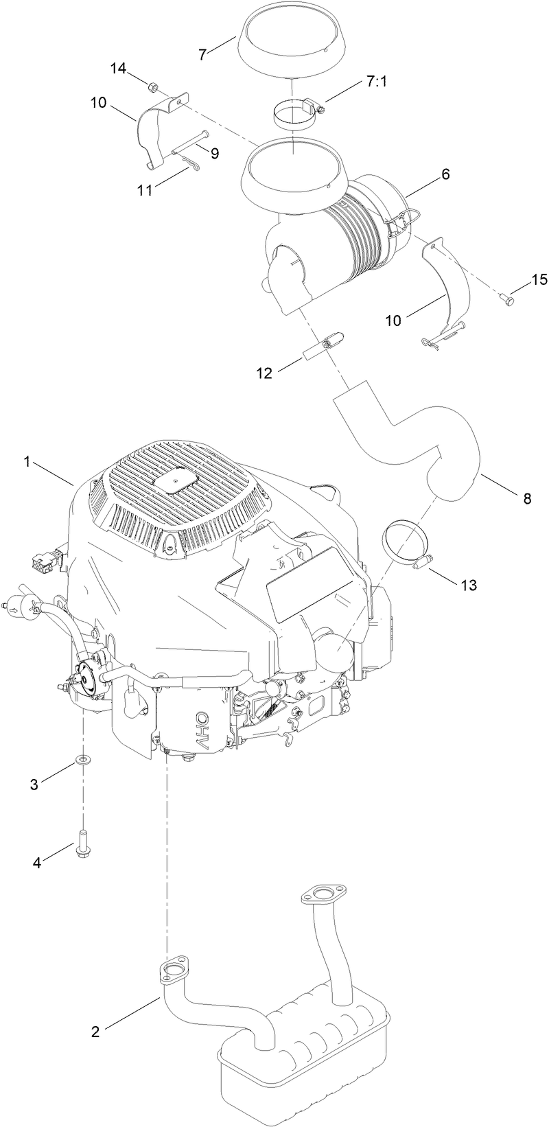 Engine And Muffler Assembly Diagram and Parts List for 75313 410000000 - 412325116 Toro Lawn Tractor