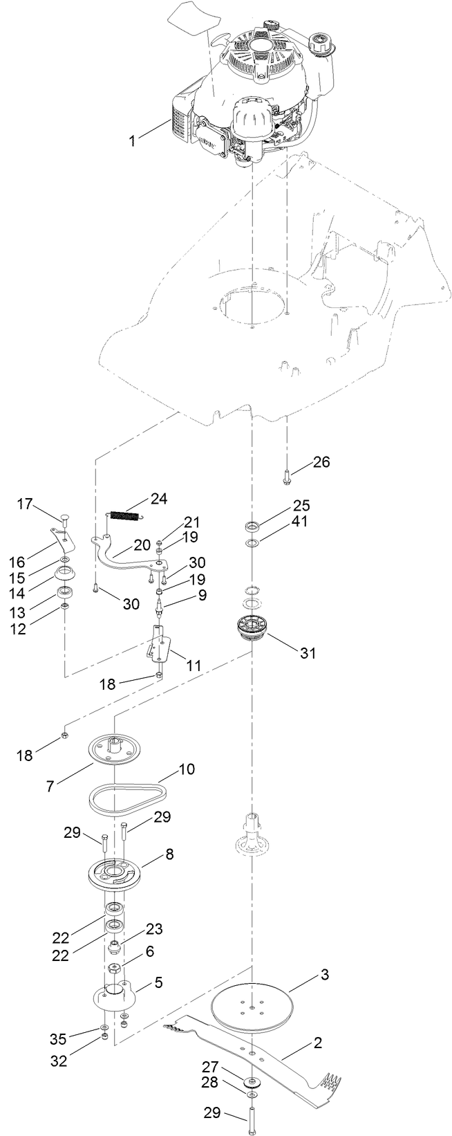Engine And Blade Assembly Diagram and Parts List for 2657 404000000 - 406999999 Toro Lawn Mower