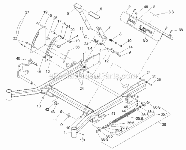 Front Frame Assembly Diagram and Parts List for 74239 250000001-250999999 Toro Lawn Mower
