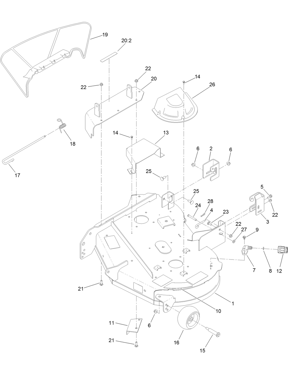 34 Inch Deck Assembly Diagram and Parts List for 74750 316000001 - 316999999 Toro Lawn Tractor
