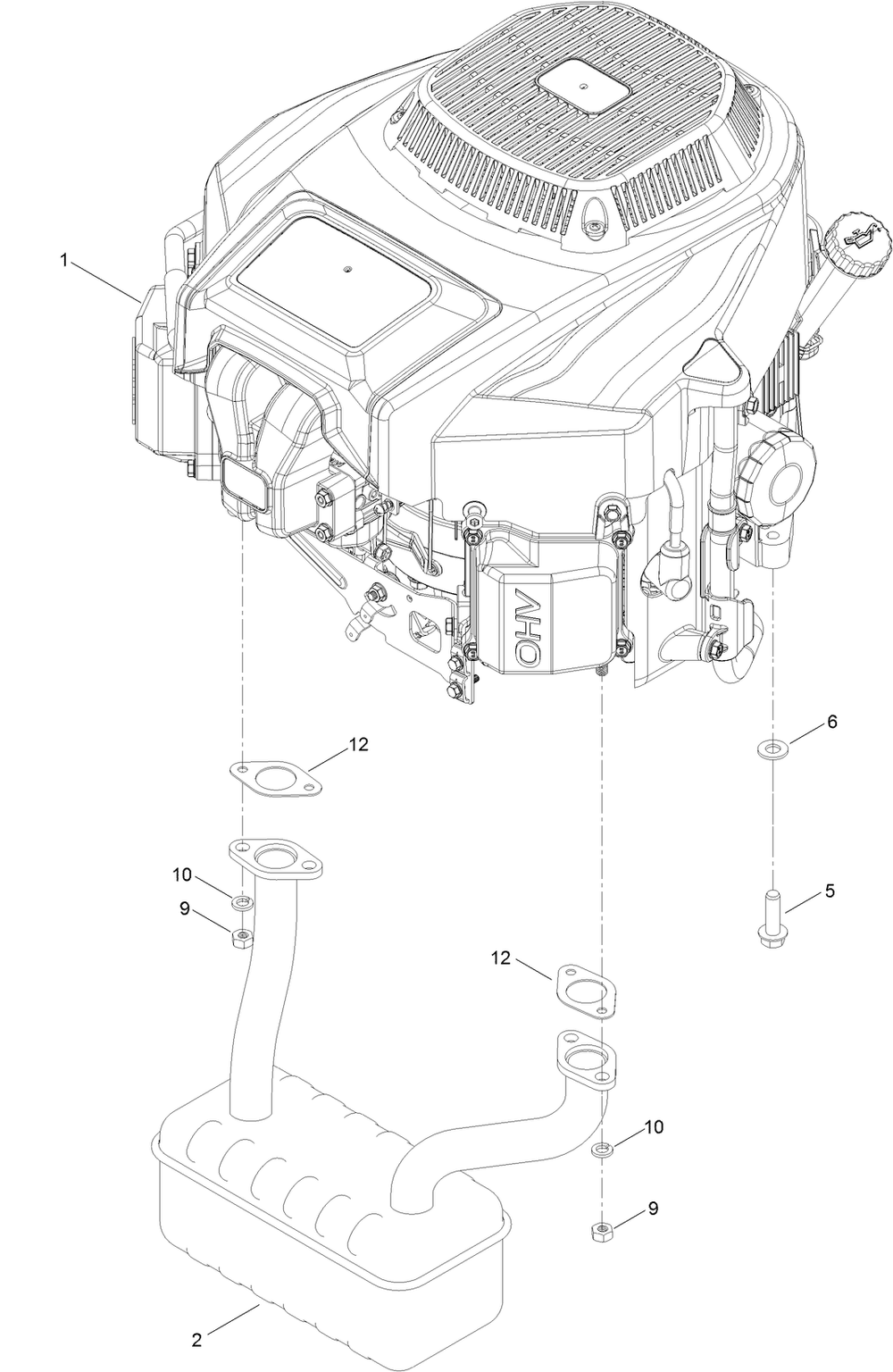Engine And Muffler Assembly Diagram and Parts List for 75742W 410000000 - 411299999 Toro Lawn Tractor