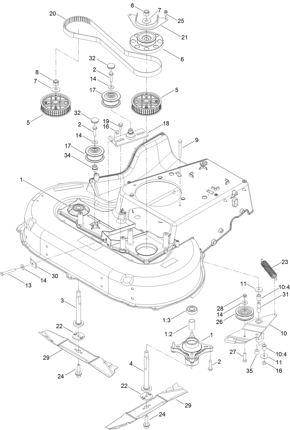 Spindle And Blade Assembly Diagram and Parts List for 22210 402100000-403599999 Toro Lawn Mower