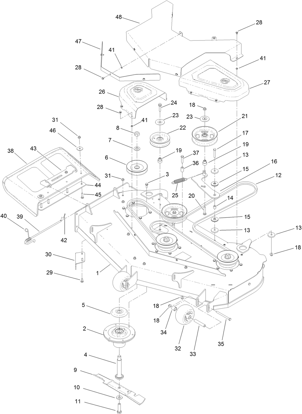 International Deck Assembly Diagram and Parts List for 44424TE 400000000-406499999 Toro Lawn Mower