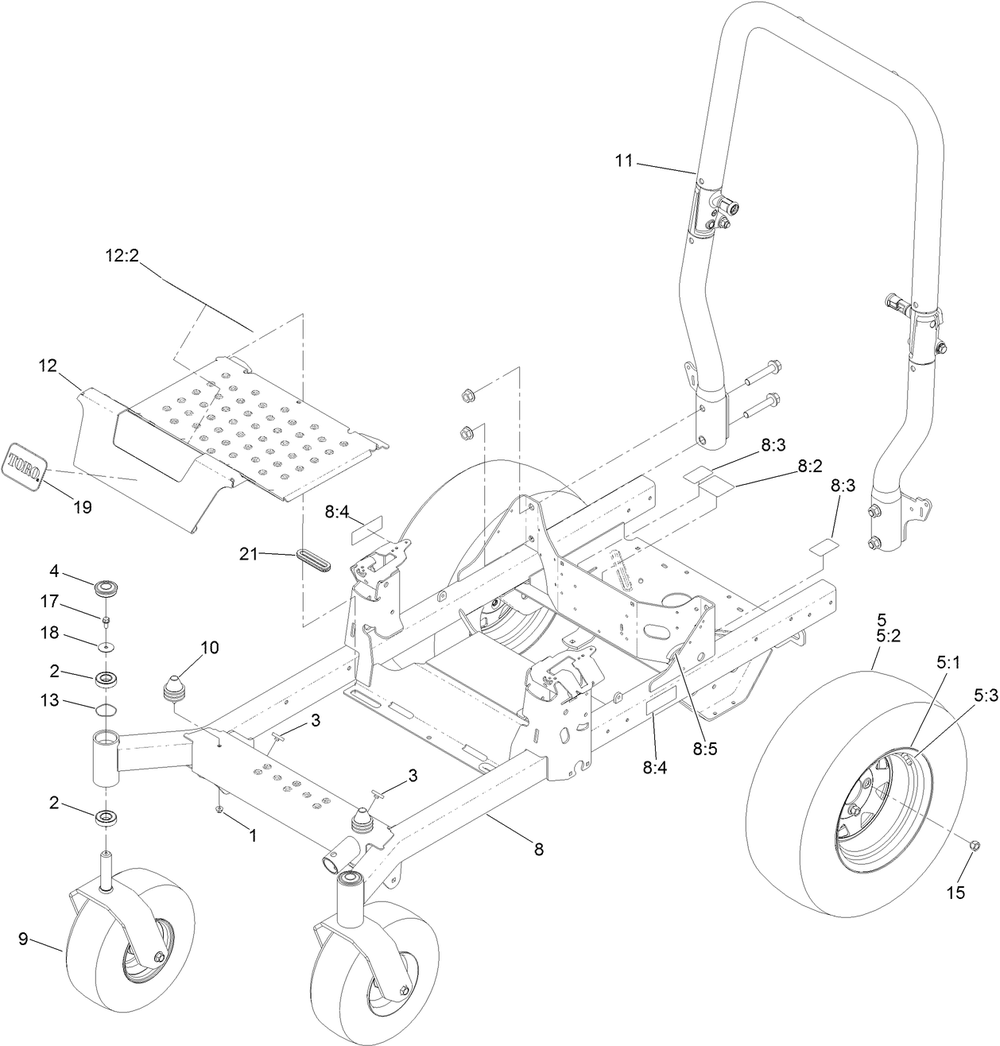 Frame, Roll-Over Protection System  And Wheel Assembly Diagram and Parts List for 74470 400000000-402099999 Toro Lawn Tractor