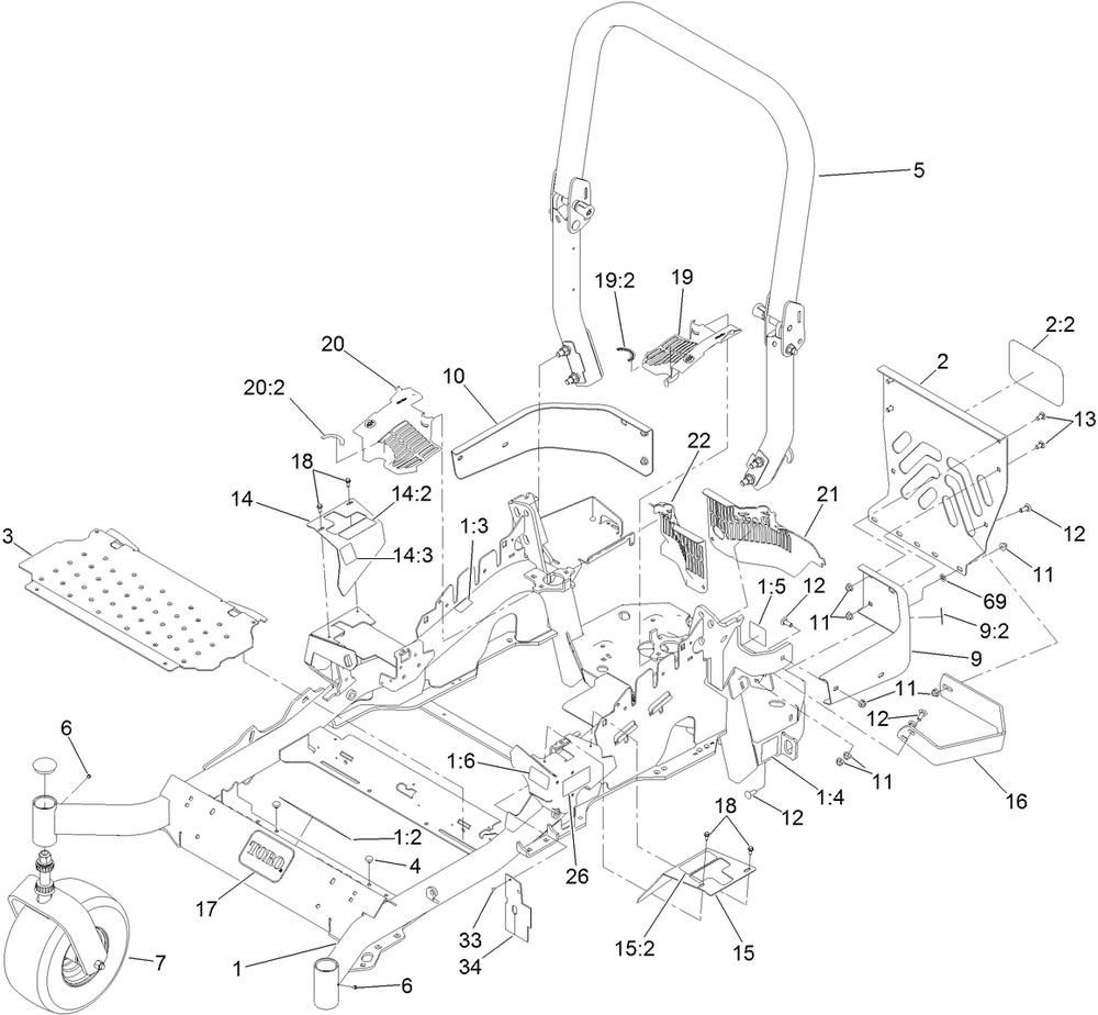 Frame And Caster Wheel Assembly Diagram and Parts List for 74901 (313000001-313999999)(2013) Toro Lawn Mower