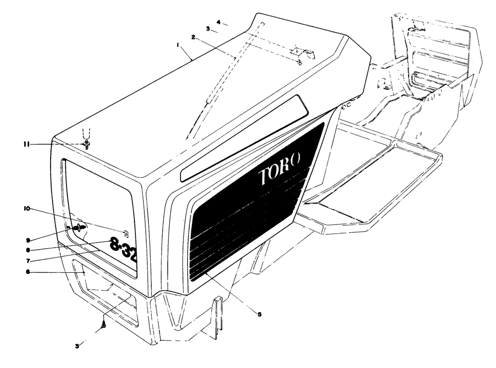 Hood Assembly Model 57300 Diagram and Parts List for 57300 2000001 - 2999999 Toro Lawn Tractor