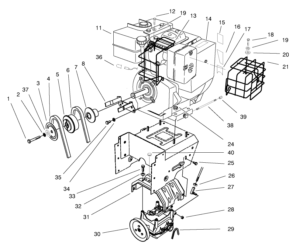 Engine, Transmission Drive Assembly Diagram and Parts List for 38590 8900001 - 8999999 Toro Snow Blower