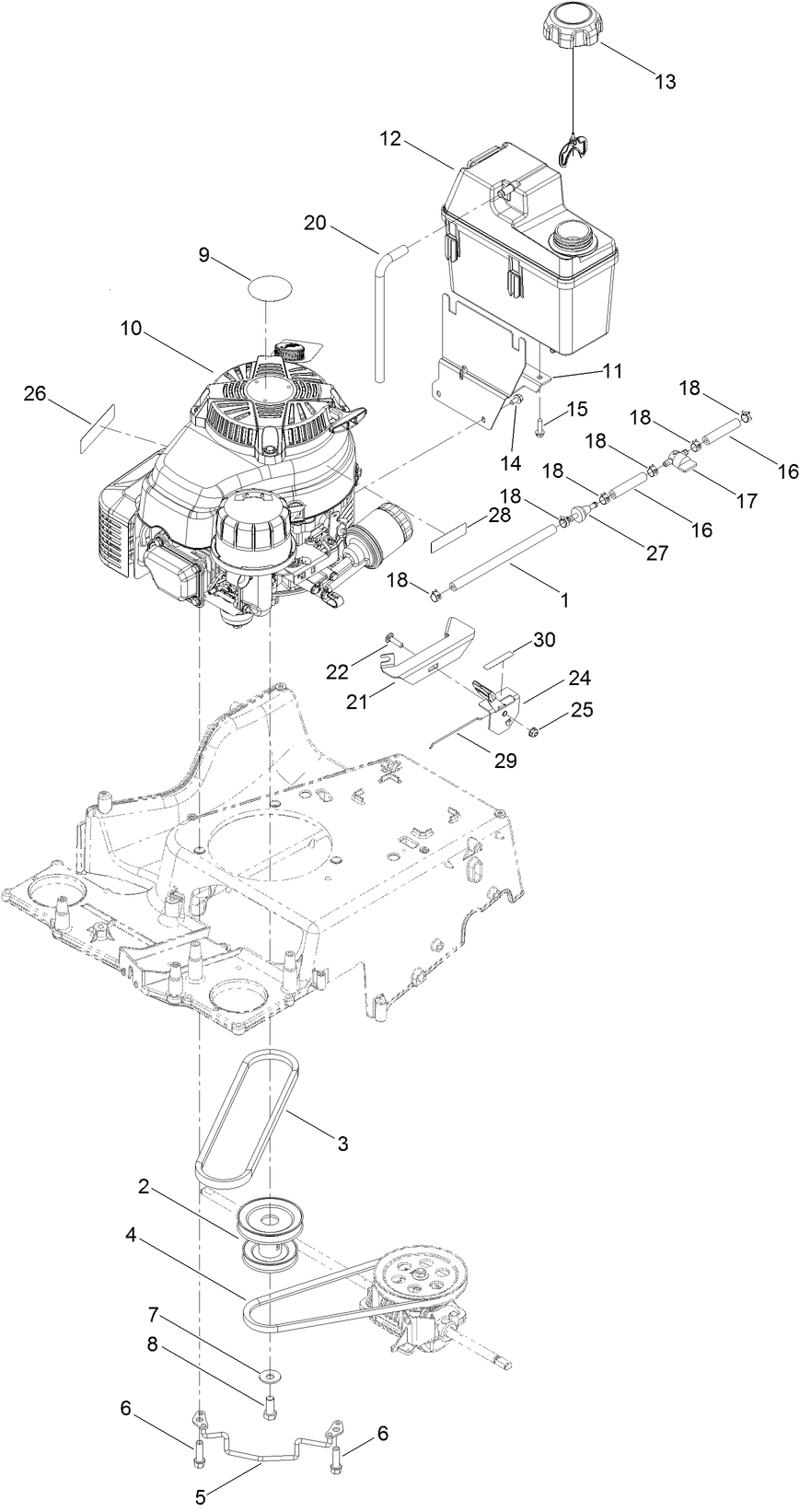 Engine And Fuel Tank Assembly Diagram and Parts List for 22210 402100000-403599999 Toro Lawn Mower