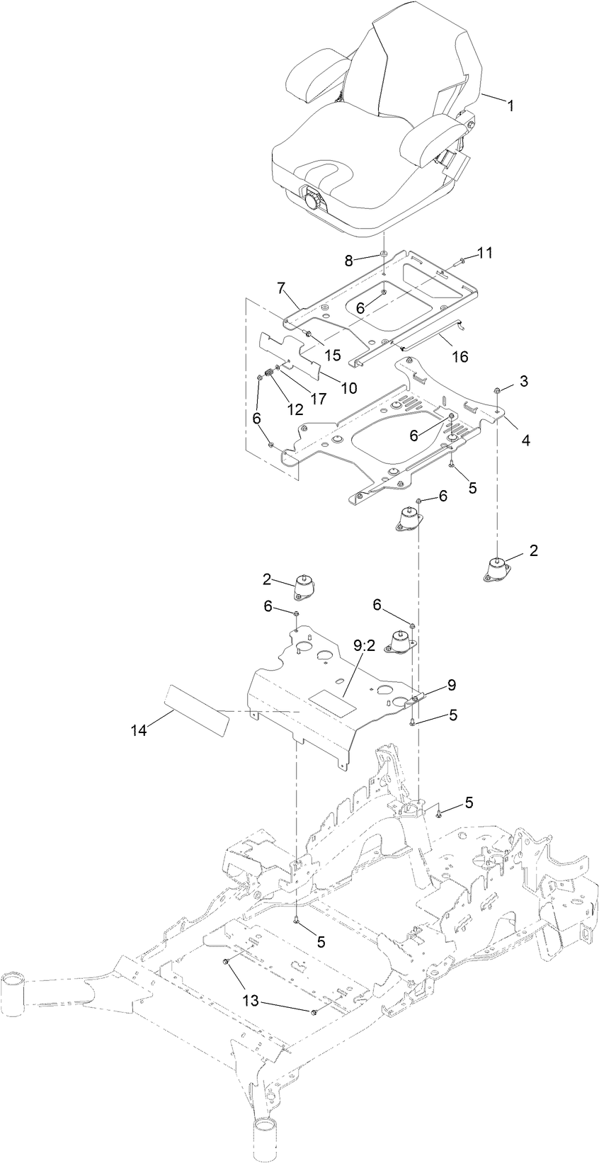 Seat Mounting Assembly Diagram and Parts List for 74090 410000000 - 412999999 Toro Lawn Tractor