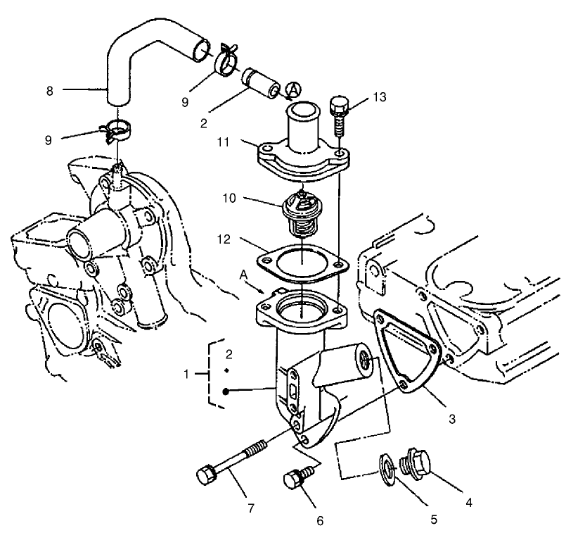 Water Flange And Thermostat Assembly Diagram and Parts List for 22302 990001 - 999999 Toro Lawn Tractor Accessories