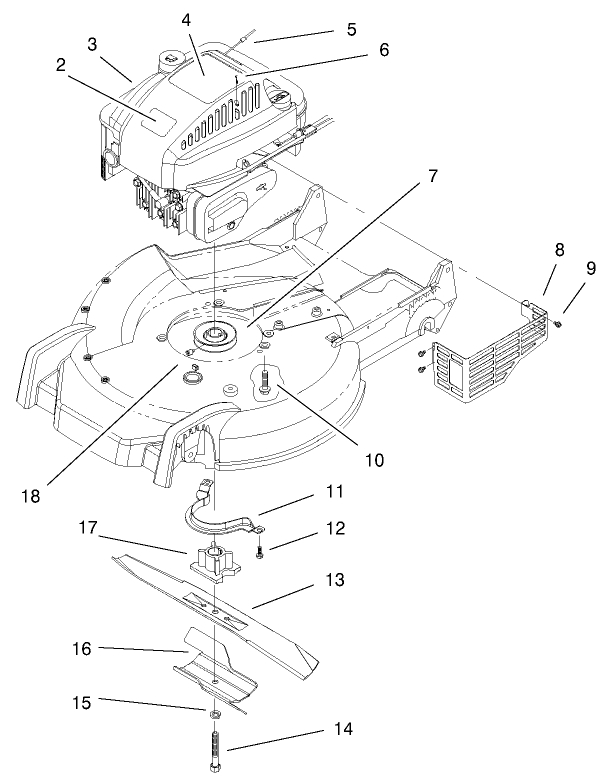 Engine And Blade Assembly Diagram and Parts List for 20045 9900001 - 9999999 Toro Lawn Mower