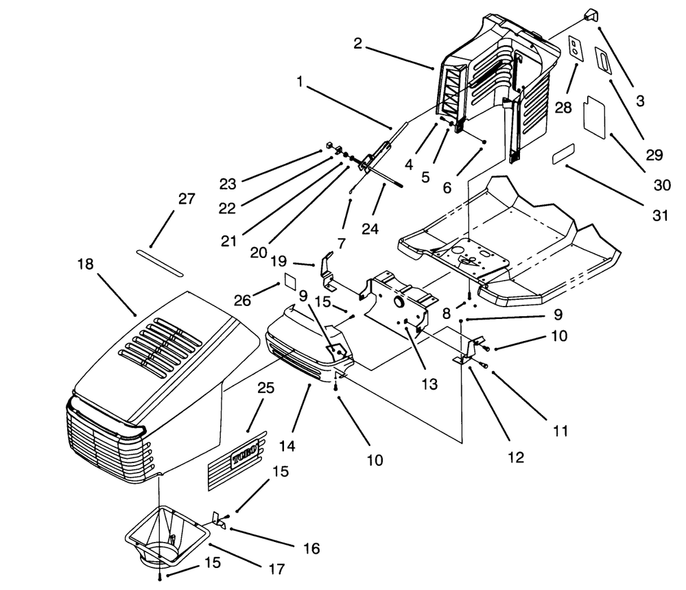 Hood Assembly Diagram and Parts List for 71200 5900001 - 5910000 Toro Lawn Tractor
