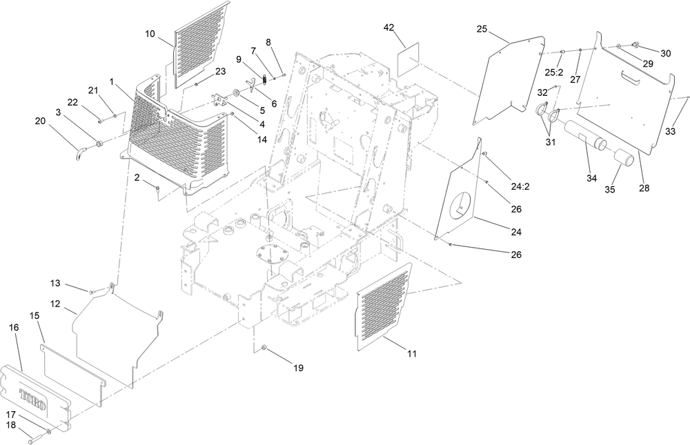 Grill, Side Cover And Counterweight Assembly Diagram and Parts List for 22321G 413000000 - 999999999 Toro Lawn Tractor Accessories