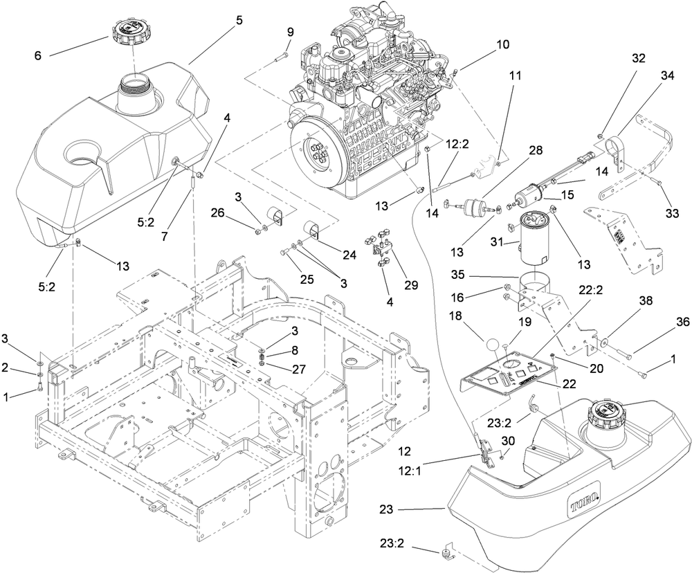Fuel System And Throttle Control Assembly Diagram and Parts List for 74264TE (310000001-310999999)(2010) Toro Lawn Mower
