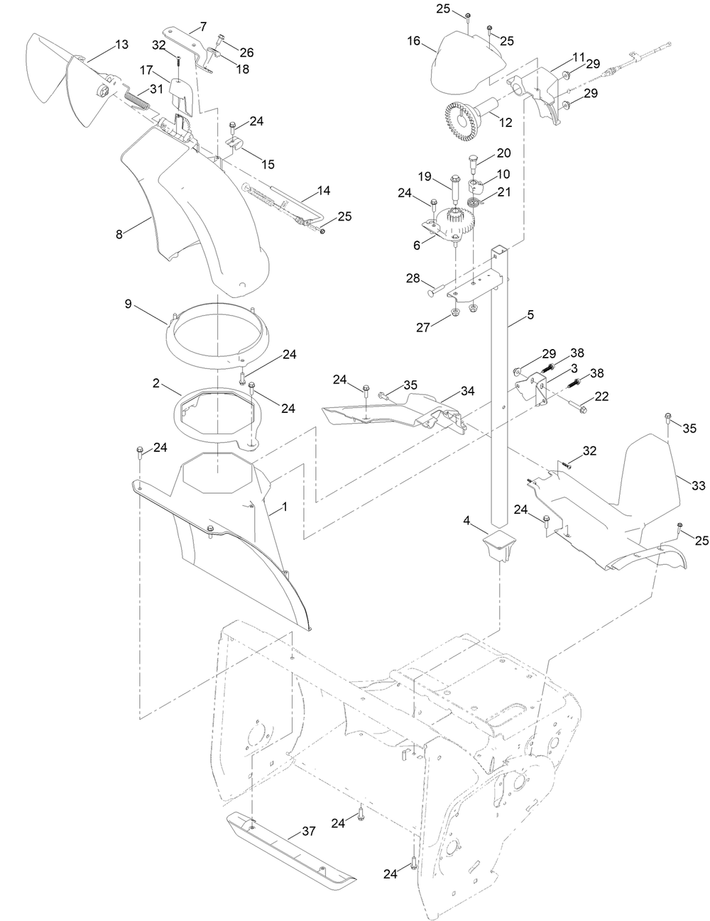Chute Assembly Diagram and Parts List for 36003 409000000 - 412999999 Toro Snow Blower