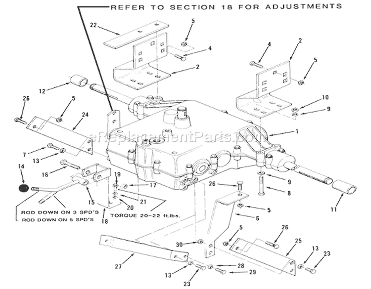 3 & 5-Speed Transmission Diagram and Parts List for 22-11B302 1986 Toro Lawn Tractor