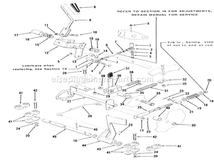 Clutch Brake And Speed Control Linkage Diagram and Parts List for 22-11B302 1986 Toro Lawn Tractor