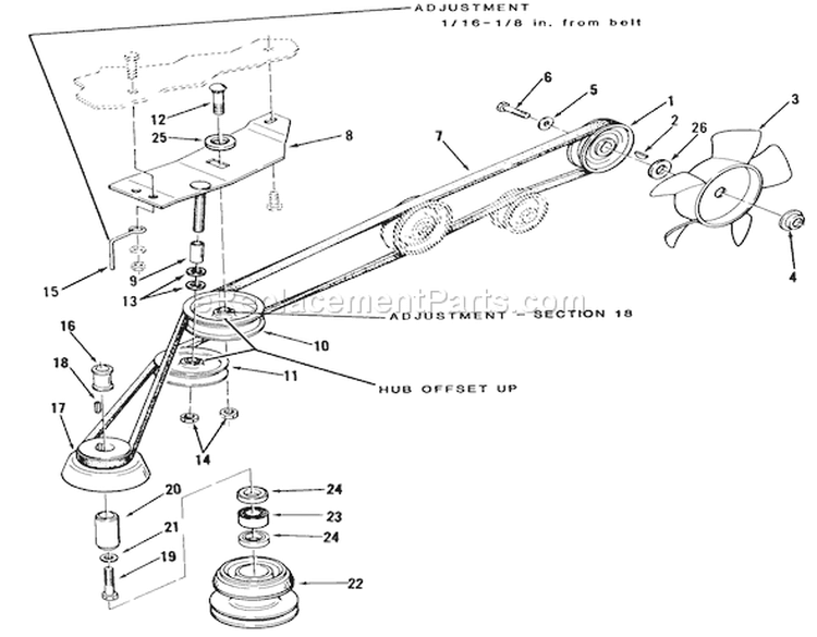 Drive Belt And Pulleys - Automatic Model Diagram and Parts List for 22-11B302 1986 Toro Lawn Tractor