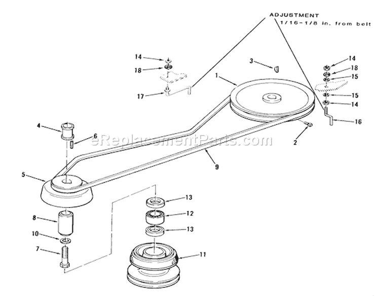 Drive Belt And Pulleys Diagram and Parts List for A2-11BP01 1984 Toro Lawn Tractor