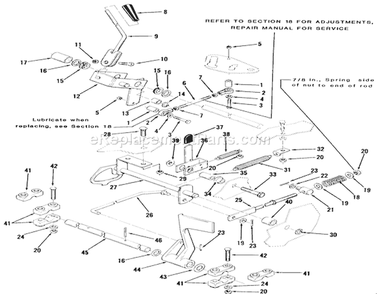 Clutch, Brake And Speed Control Linkage Diagram and Parts List for 22-08B301 1985 Toro Lawn Tractor
