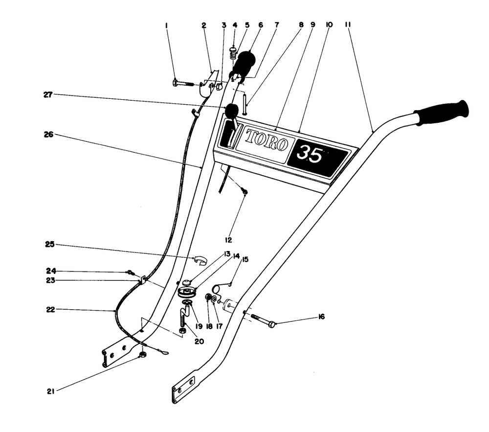 Handle Assembly Diagram and Parts List for 58007 0000001 - 0999999 Toro Tiller