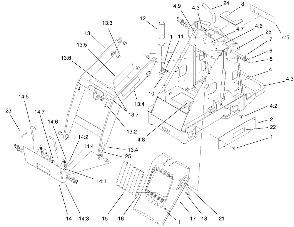 Frame And Loader Arm Assembly Diagram and Parts List for 22305TE 990001 - 999999 Toro Lawn Tractor Accessories