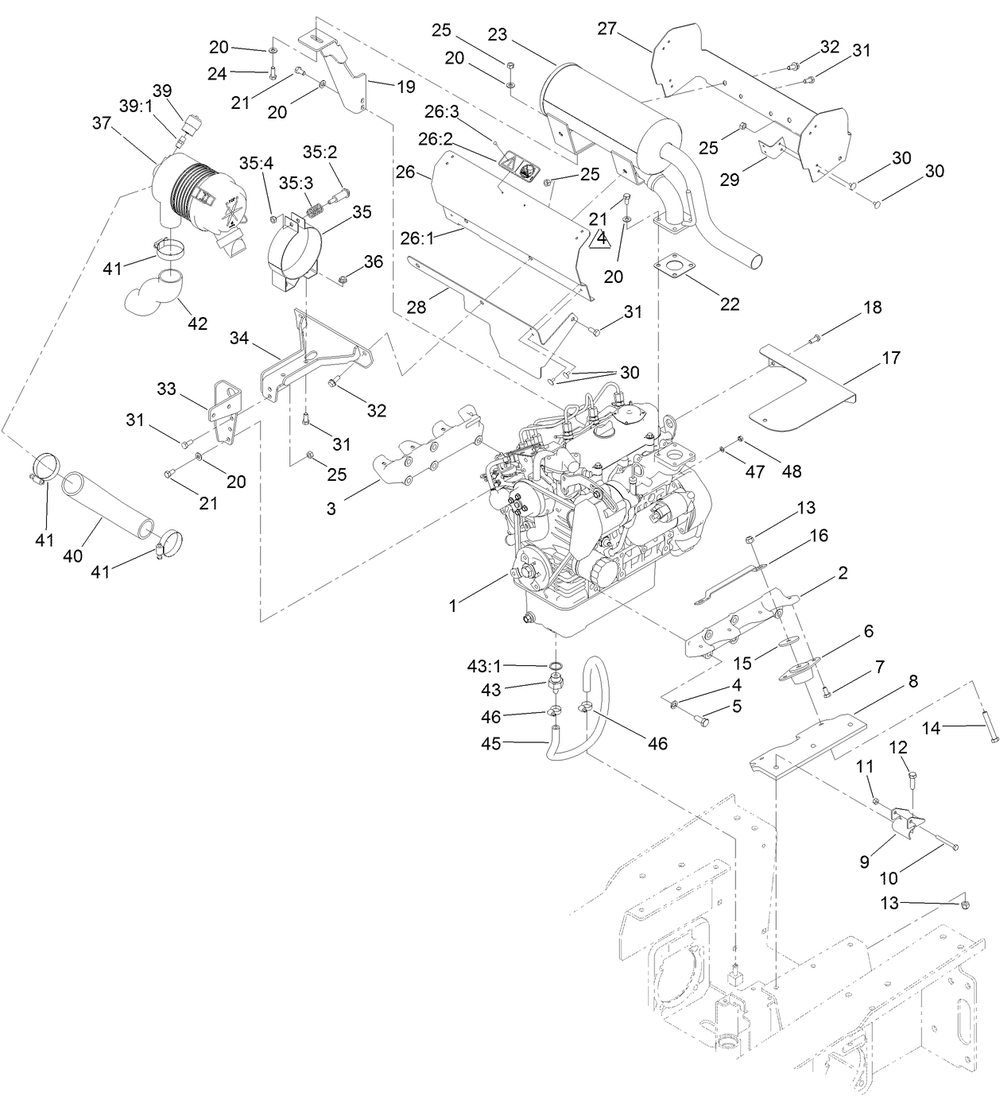 Engine, Muffler And Air Cleaner Assembly Diagram and Parts List for 22324 401800000 - 404499999 Toro Lawn Tractor Accessories