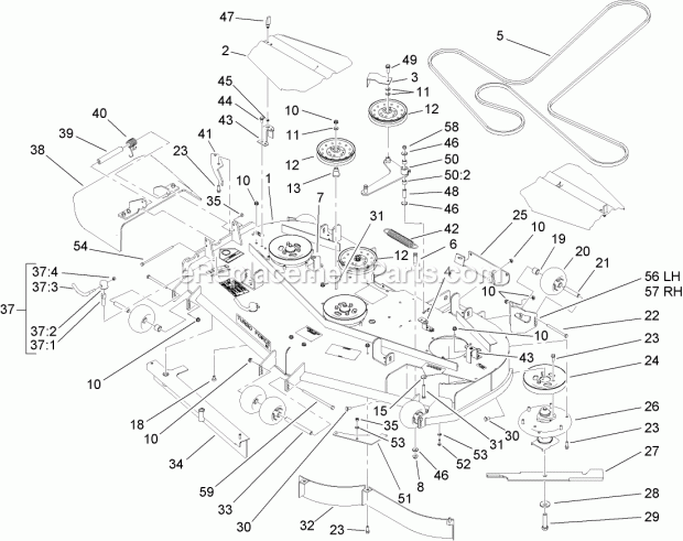 Deck Assembly Diagram and Parts List for 74265 260000001-260999999 Toro Lawn Mower