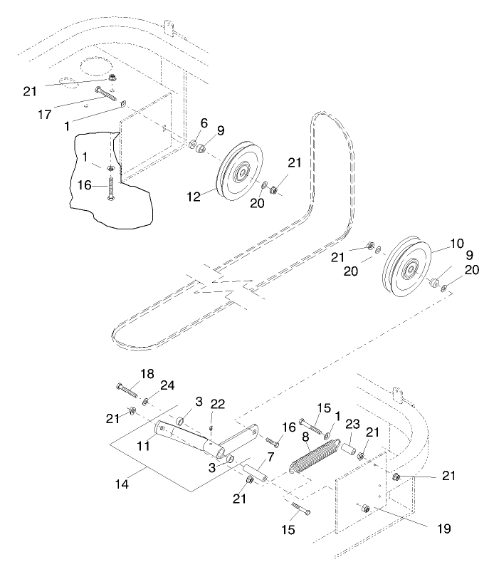 Deck Drive Belt And Pulleys Diagram and Parts List for 74200 890001 - 899999 Toro Lawn Tractor
