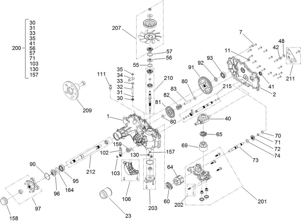 Lh Transmission Assembly Diagram and Parts List for 44454 406643229-407999999 Toro Lawn Mower