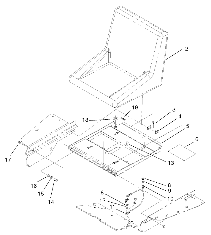 Seat Assembly Diagram and Parts List for 74187 (200000001-200000500)(2000) Toro Lawn Mower