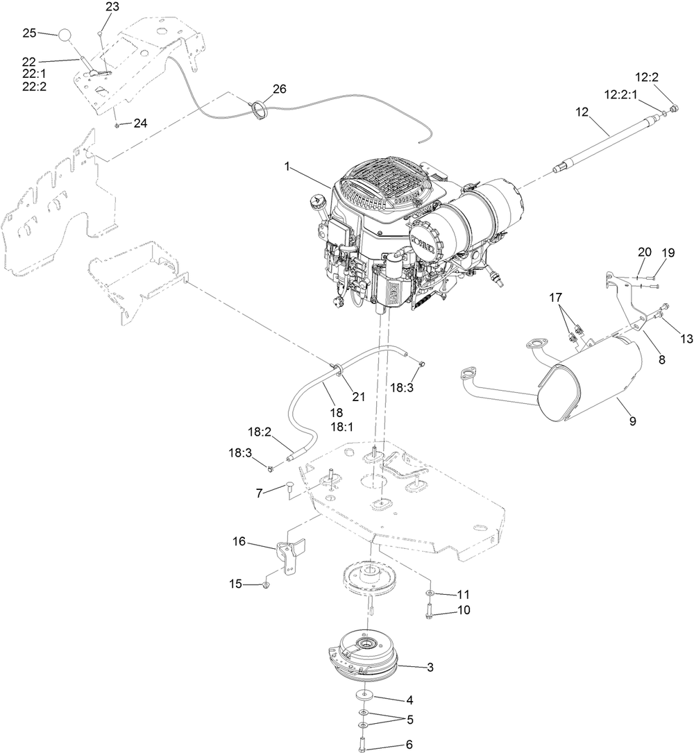 Engine, Clutch And Muffler Assembly Diagram and Parts List for 74904 402090000-403247208 Toro Lawn Mower