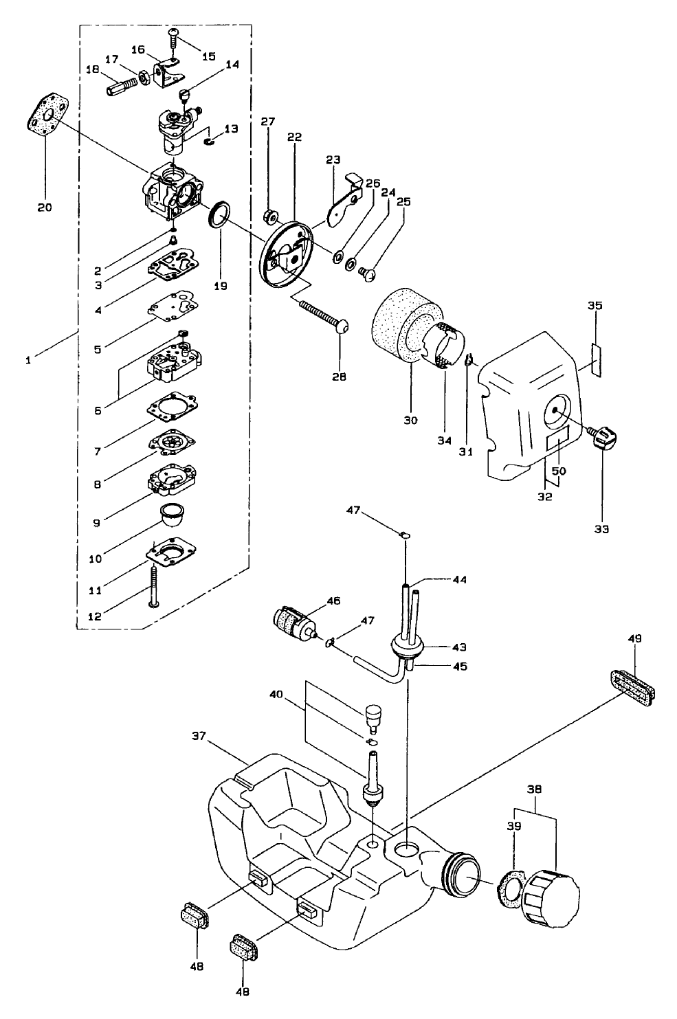 Carburetor And Fuel Assembly Diagram and Parts List for 53035 89000001 - 89999999 Toro Chainsaw
