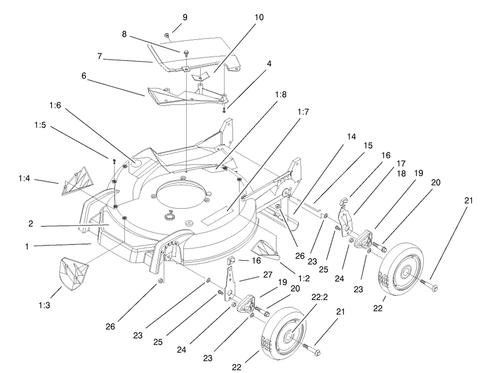 Housing, Handle Brackets & Wheel Assembly Diagram and Parts List for 20030 9900001 - 9999999 Toro Lawn Mower