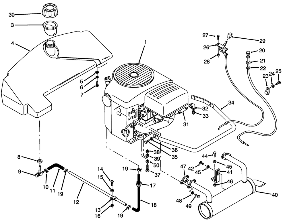 Engine & Fuel System Assembly Diagram and Parts List for Y1-20OE03 2000001 - 2999999 Toro Lawn Tractor