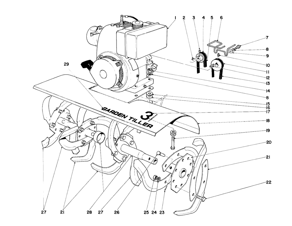 Tine And Engine Assembly Diagram and Parts List for 58010 2000001 - 2999999 Toro Tiller