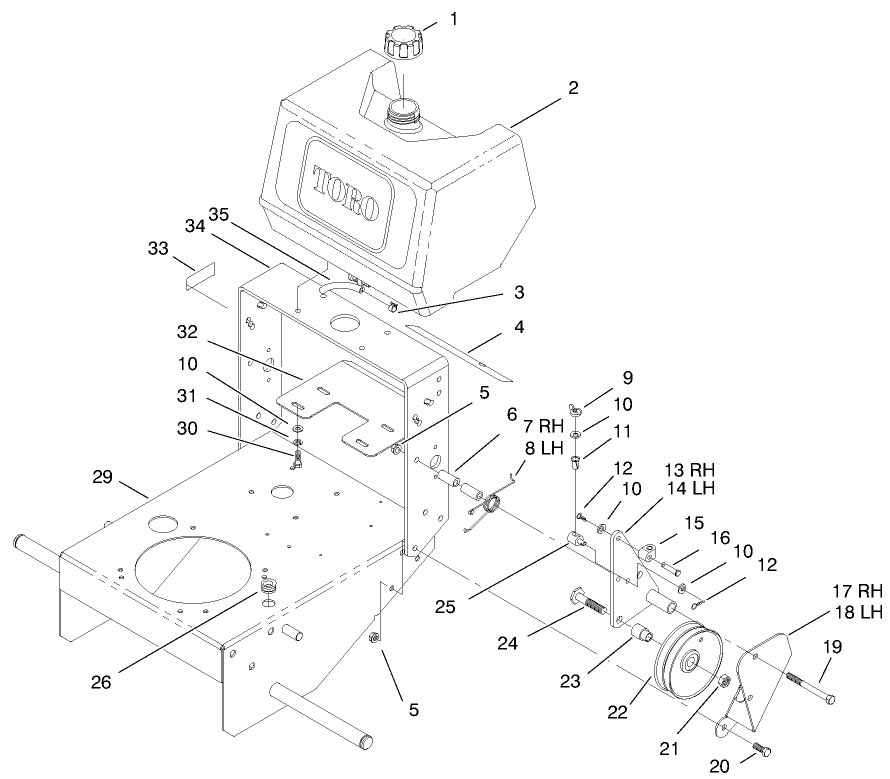 Fuel Tank And Idler Bracket Assembly Diagram and Parts List for 30167 890001 - 899999 Toro Lawn Tractor Accessories