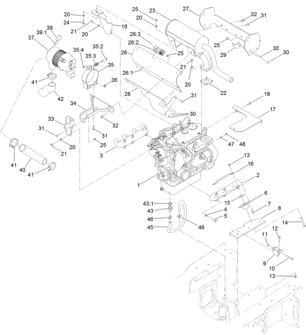 Engine, Muffler And Air Cleaner Assembly Diagram and Parts List for 22324 407960000 - 409359999 Toro Lawn Tractor Accessories