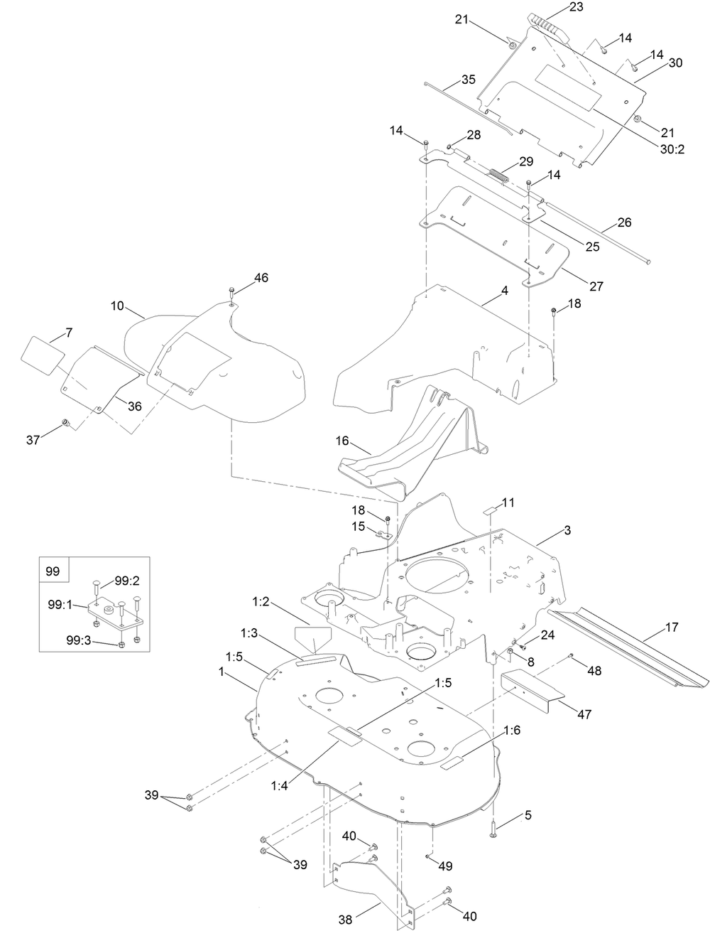 Deck, Frame And Chute Assembly Diagram and Parts List for 22210 402100000-403599999 Toro Lawn Mower