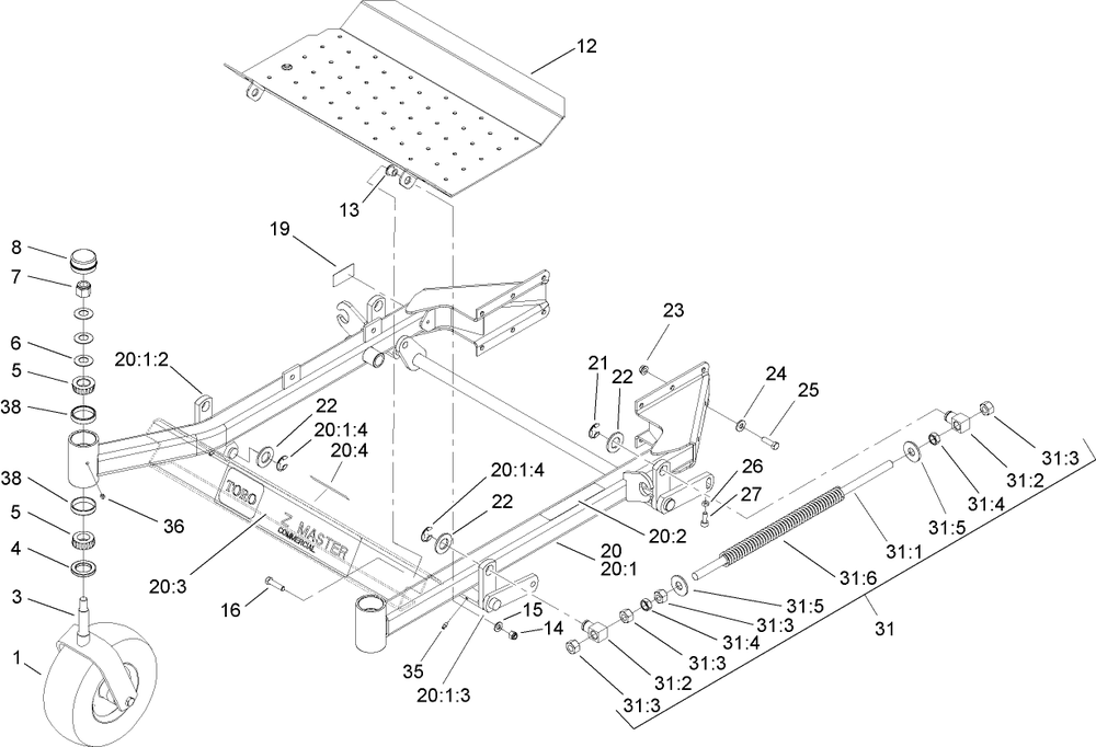 Front Frame Assembly Diagram and Parts List for 74416 (250005001-250999999)(2005) Toro Lawn Mower