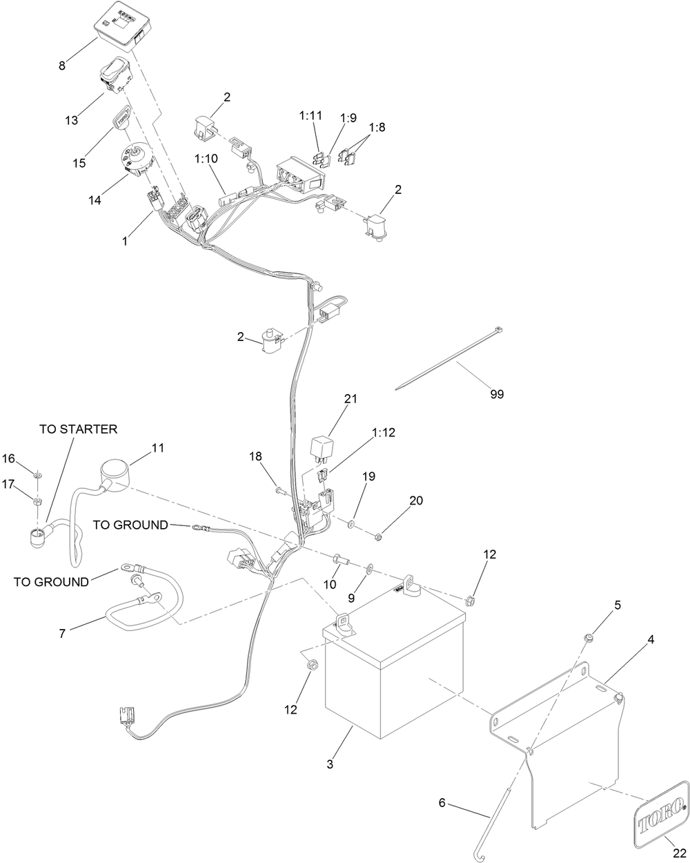 Electrical Assembly Diagram and Parts List for 72505 411800000 - 412999999 Toro Lawn Mower
