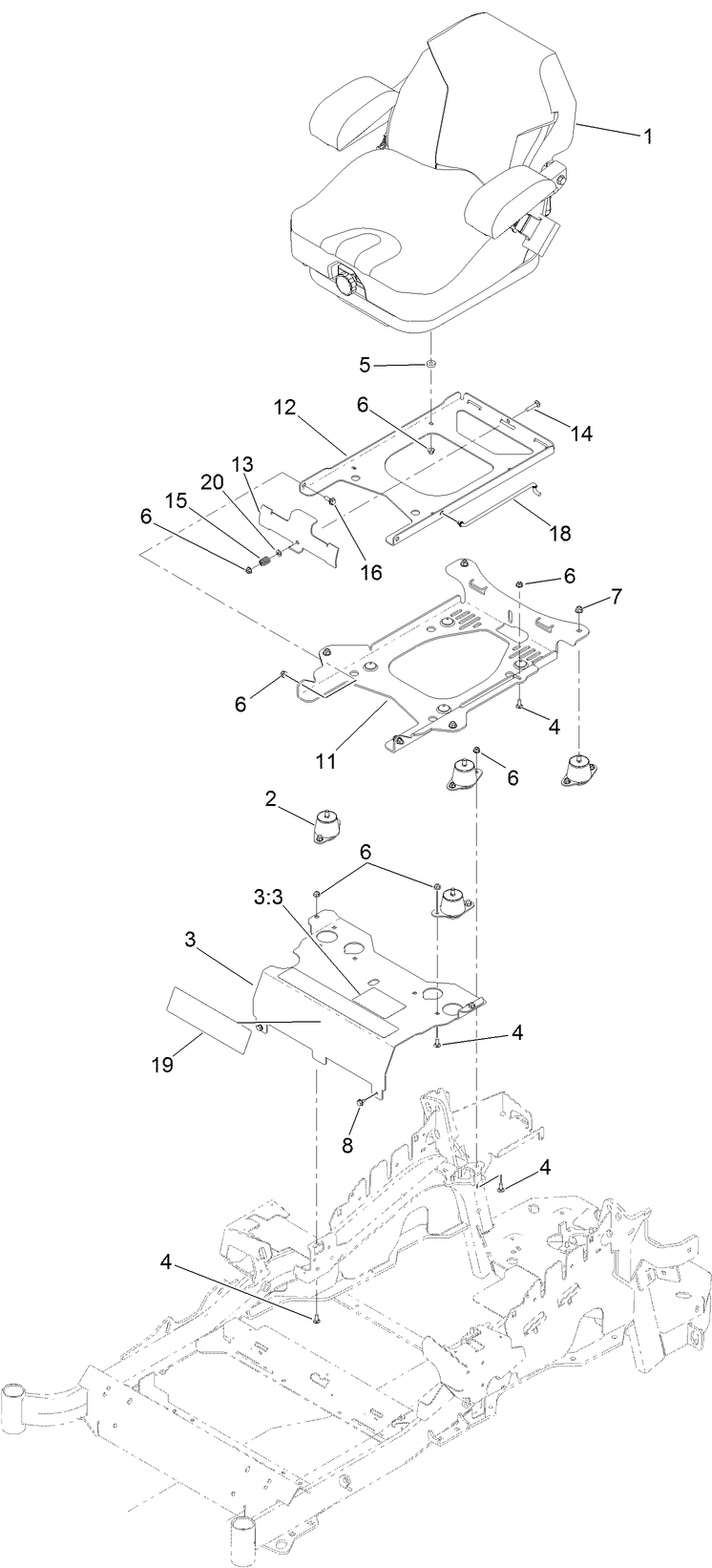 Seat Mount Assembly Diagram and Parts List for 74960 (316000001-316999999)(2016) Toro Lawn Mower