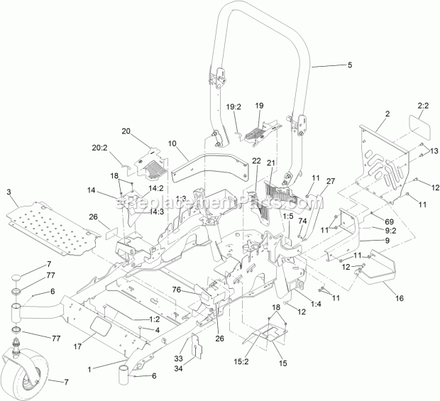 Frame And Caster Wheel Assembly Diagram and Parts List for 74957 315000001-315999999 Toro Lawn Mower