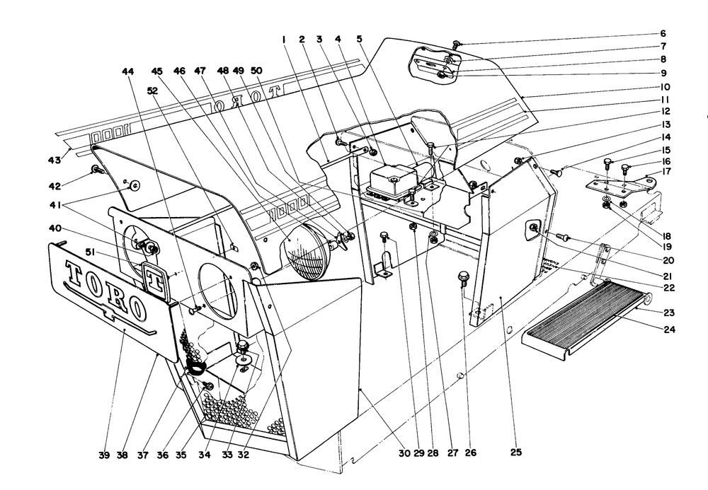 Hood & Grille Assembly Diagram and Parts List for 55402 0000001 - 0999999 Toro Lawn Tractor