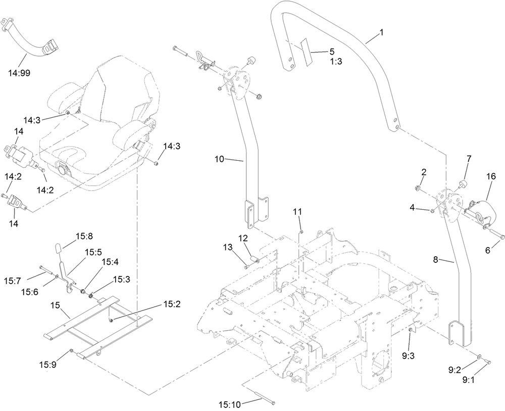 Roll-Over Protection System Assembly Diagram and Parts List for 74264TE (314000001-314999999)(2014) Toro Lawn Mower