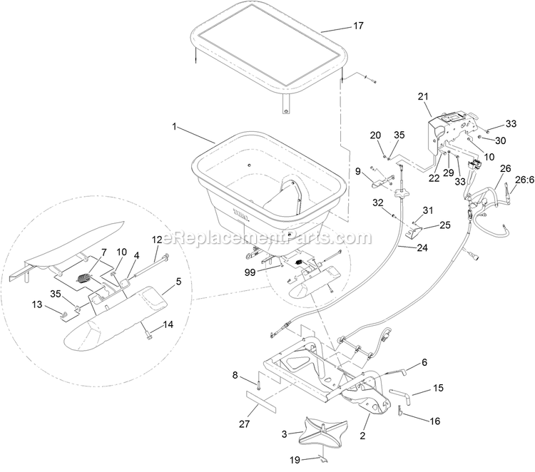 Spreader Hopper And Frame Assembly Diagram and Parts List for 33525 400000000-410231188 Toro Lawn Tractor Accessories